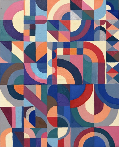 Large geometric abstract painting of interlocking circles, arcs and triangles in blue, pink, teal and orange