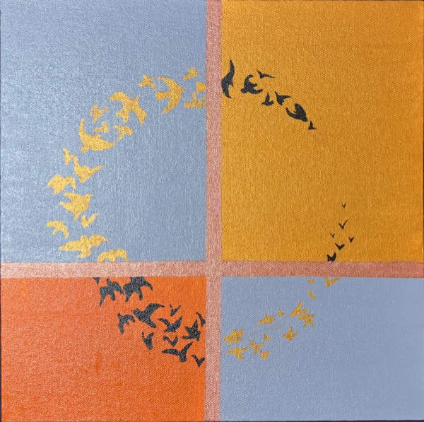 Square painting divided into four blue and orange quadrants with an arc of gold and black birds in flight