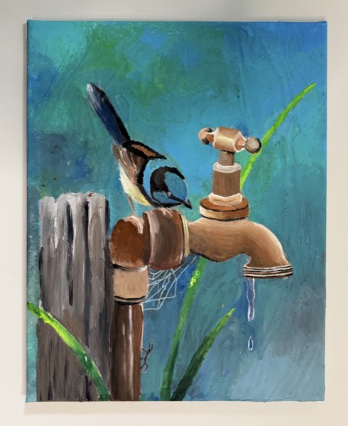 Painting of a small blue wren perched on a rusty garden tap against a teal background