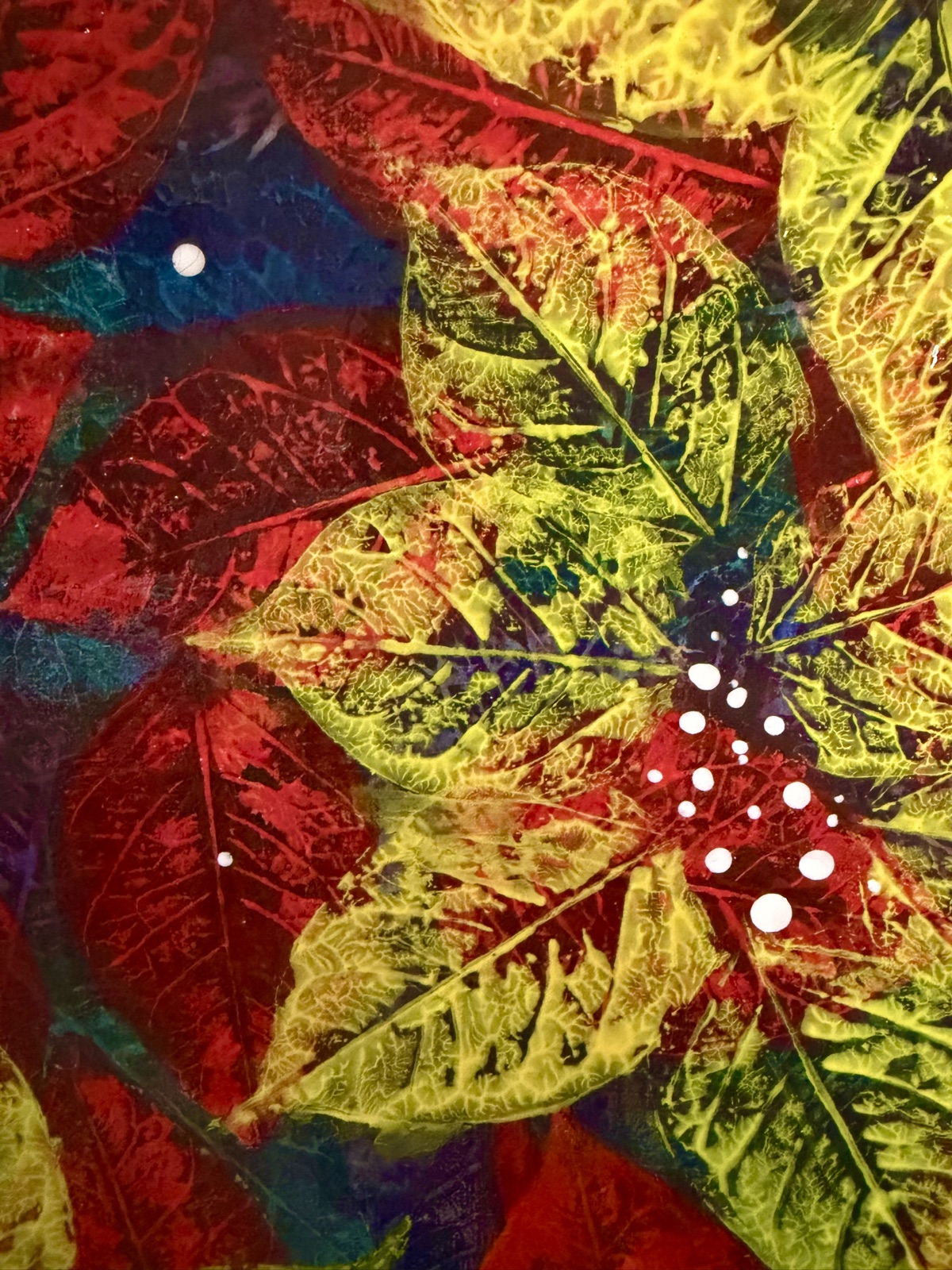 Close-up of the hand-stamped leaf prints on Autumn Leaves