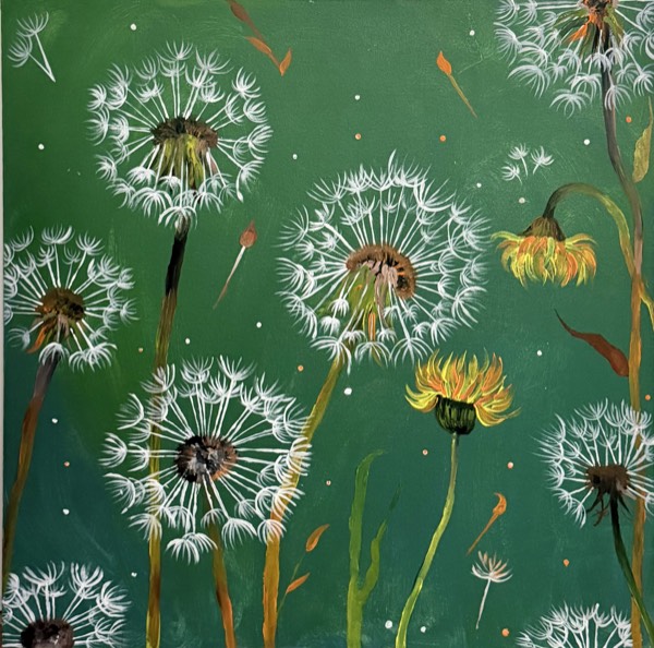 Painting of white dandelion seed heads and yellow dandelion flowers on a deep green background